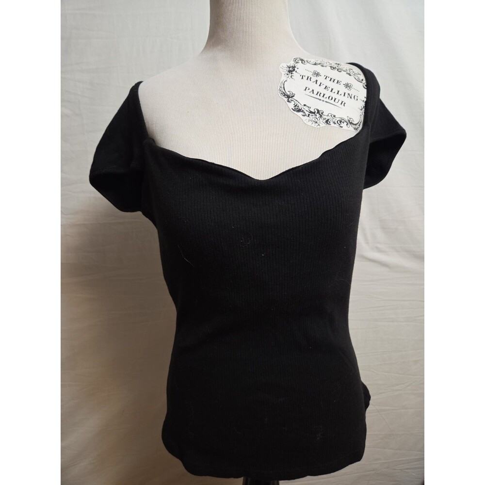 Ogl Blouse Shirt Size XL Ribbed Black Sweetheart Built In Bra Stretch